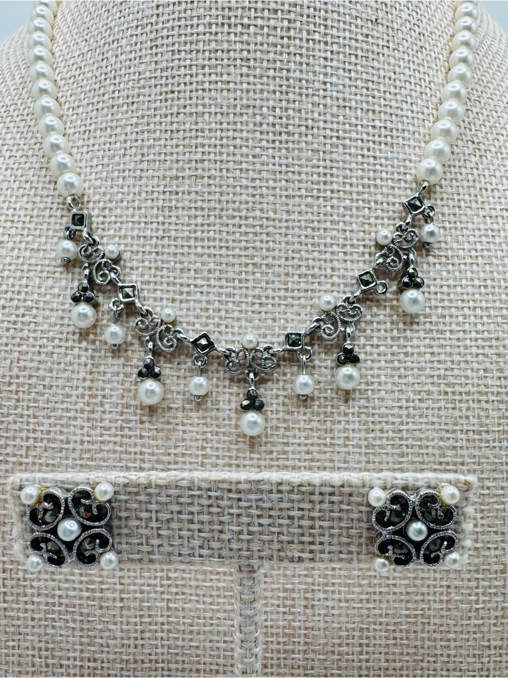 Pearl Drop Silver-Tone Necklace and Stud Earrings Set